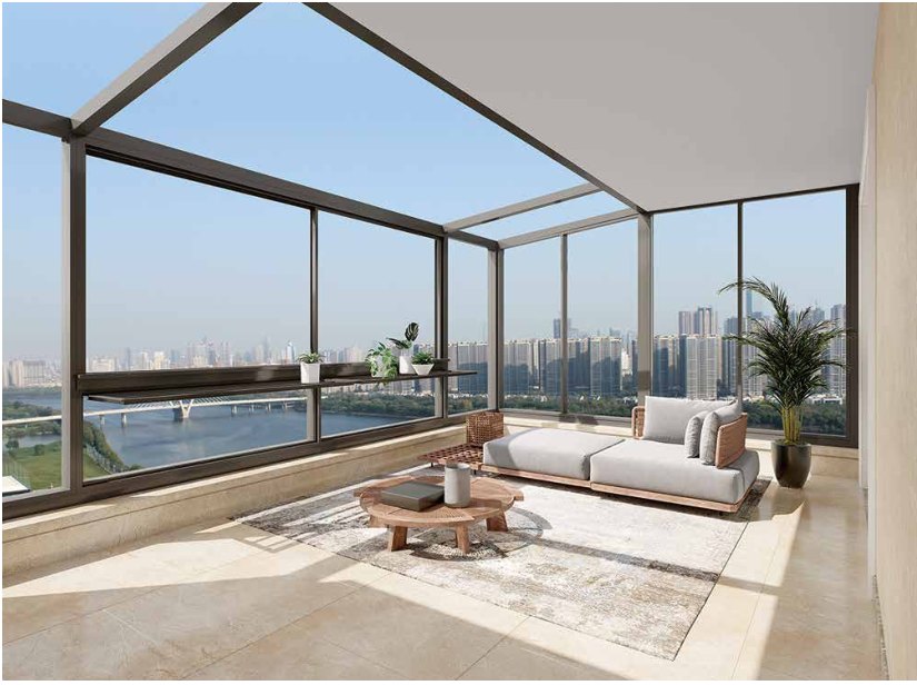 Slim sliding windows enclosing a rooftop lounge
