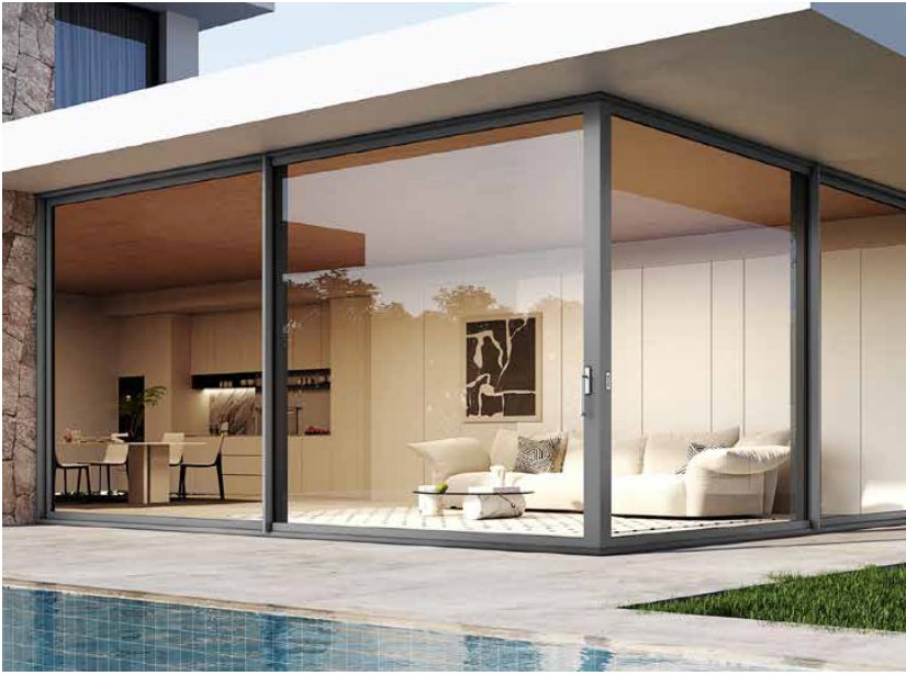 Slim thermal break sliding door opening to a pool terrace
