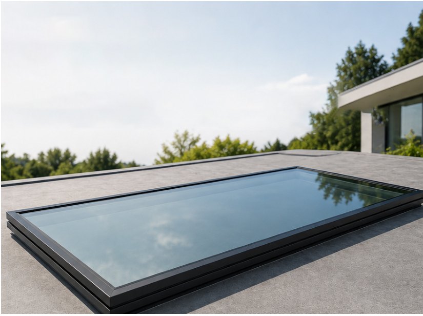 Narrow frame skylight on a flat roof reflecting the sky