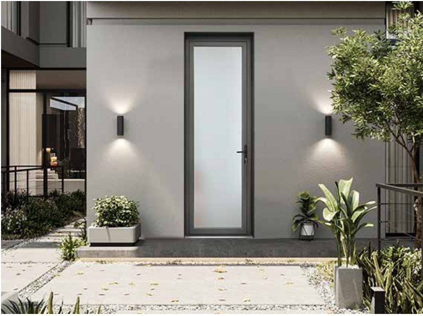 Glazed aluminum entry door on a modern facade