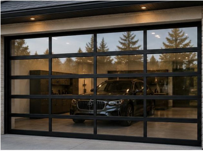 Full-view glass garage door with car visible inside