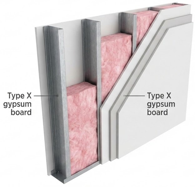 Interior wall assembly with Type X gypsum board and sound insulation