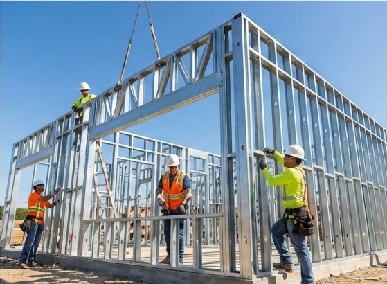 Crew assembling cold-formed light gauge steel wall panels