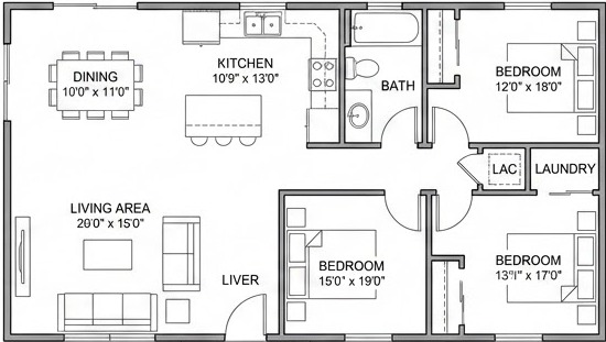 Floor plan of 743 sq ft modular family home