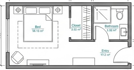 Floor plan of 302 sq ft modular hotel room