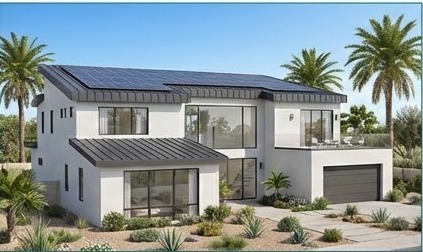 Modern flat roof home with solar panels