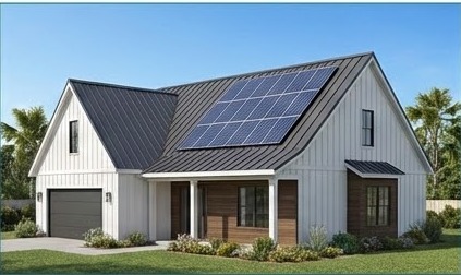 Pitched gable roof home with solar panels