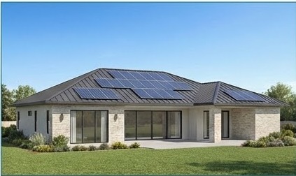Hip roof home with solar panels
