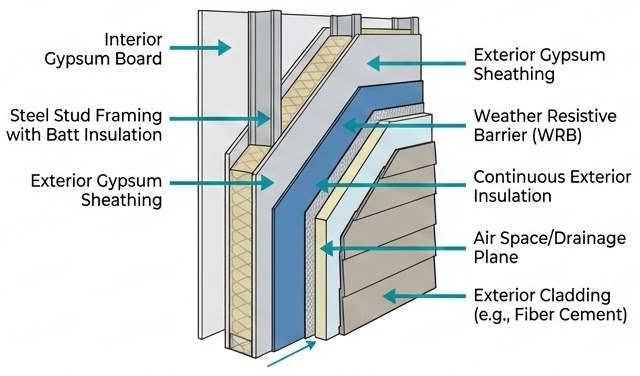 Wall assembly cutaway: gypsum board, steel studs with batt insulation, sheathing, weather barrier, continuous insulation, and cladding